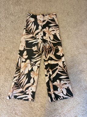 Wide Leg Floral Print Pants - Green & Beige